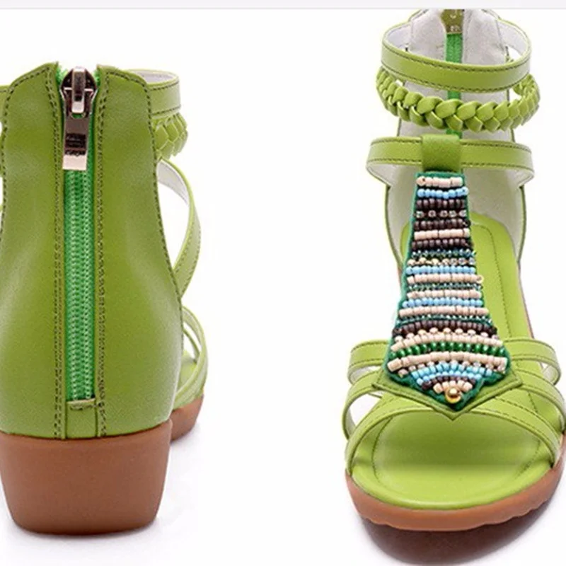 

Lady Fahion String Bead Plus size(4-12)Genuine Real Leather Zip Ankle Wrap Peep toe Wedges High heels sandalias Women Pumps