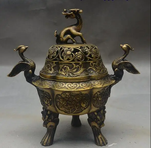 

13" Old China Buddhism Bronze Beast Unicorn Pixiu Phoenix Flowers Incense Burner
