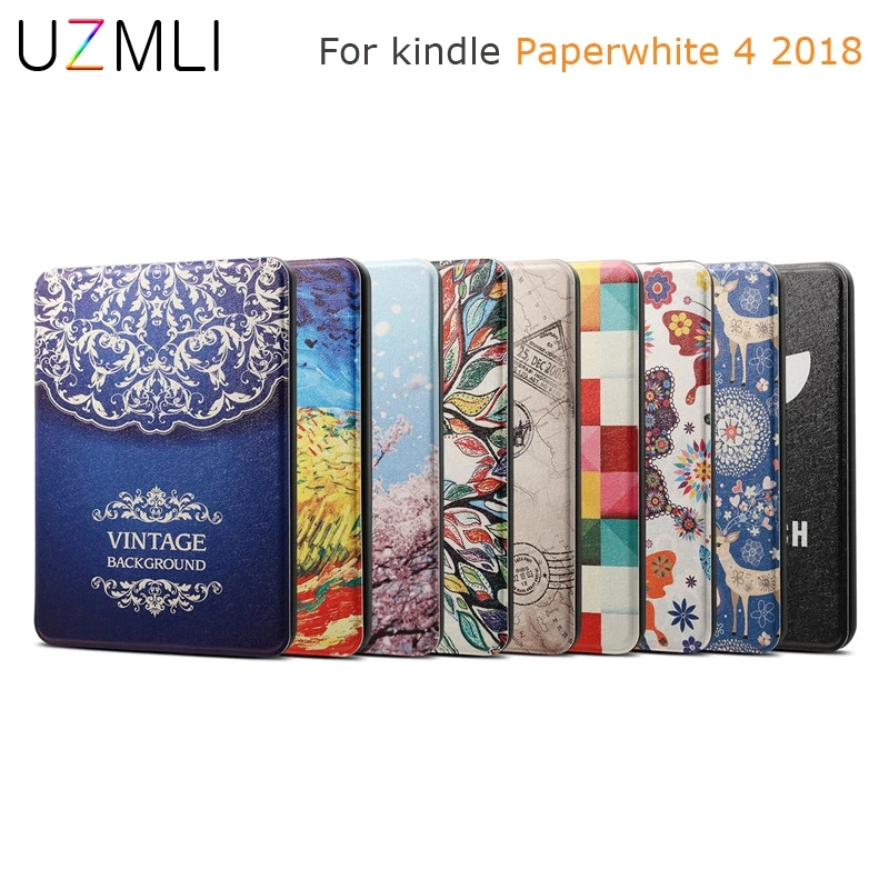 

Smart Case for 2018 New Amazon Kindle Paperwhite 4 10th e-Book 7" Ultra Slim Print Funda Shell Leather Cover+TPU Soft Case