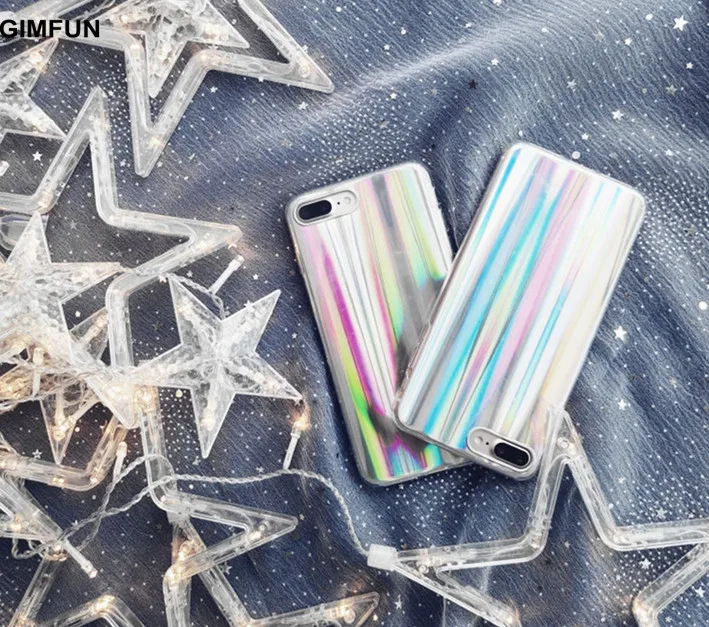 

GIMFUN Laser Gradient Rainbow Pattern Phone Case for Iphone 7 Silver Glitter Tpu Case for Iphone 6 6s 6plus 7plus Back Cover