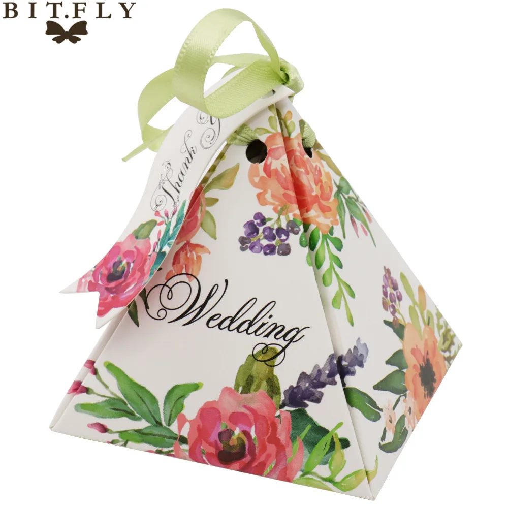 

BITFLY 50pcs/lot Triangular Flower Ribbon Double Candy Box Wedding Party Sweets Gift Paper Mini Packaging Bags Favor Supplies