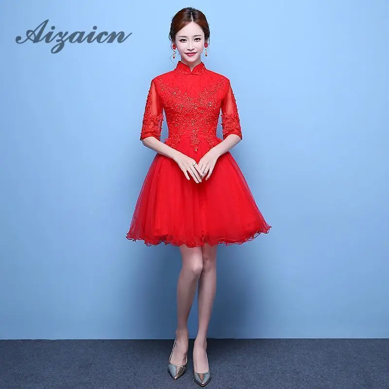 Модное Красное Кружевное короткое платье Cheongsam для невесты, современное китайское женское мини-платье, Восточное винтажное платье Qi Pao, женское китайское платье Qipao - Цвет: RED