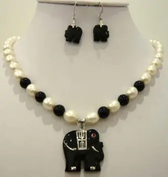 

fine Lovely Wonderful word White pearl black stone elephant pendant necklace earring set gem women's jewelry s
