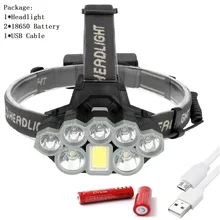 1*COB+2*T6+5*XPE Headlight 3500 Lumens 6 Mode Zoomable Headlamp USB Rechargeable Head Lamp Flashlight For Outdoor Camping Light