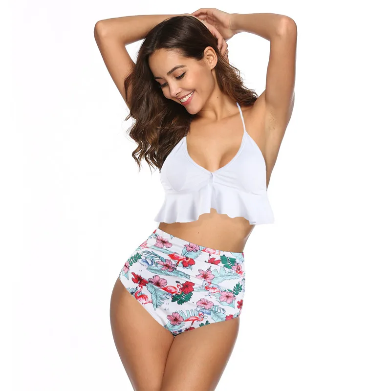 

Bikini 2019 Swimwear Women Two Piece Swimsuit Rose Ruffled Hem Bathing Suit Bikini Set Flora V-Neck High-Waisted Girl Beach New