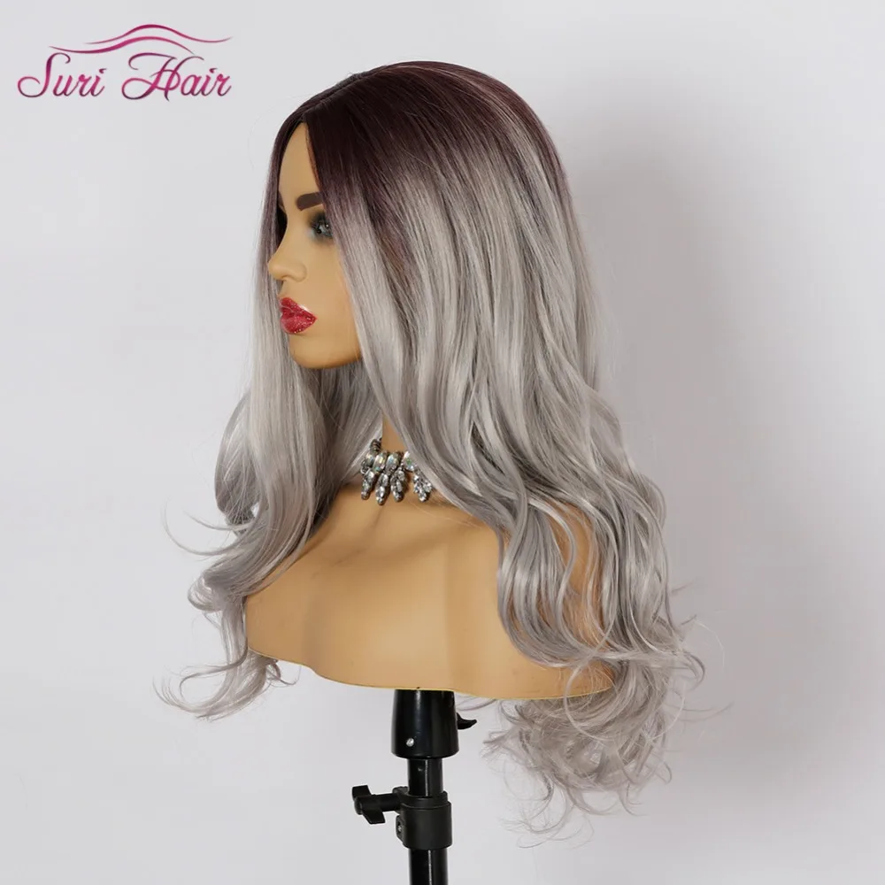 

Suri Hair Long Wavy Wigs cosplay Synthetic Wigs For white Women American Afician hair Two Tone Ombre Silver Grey Fake Women Hair