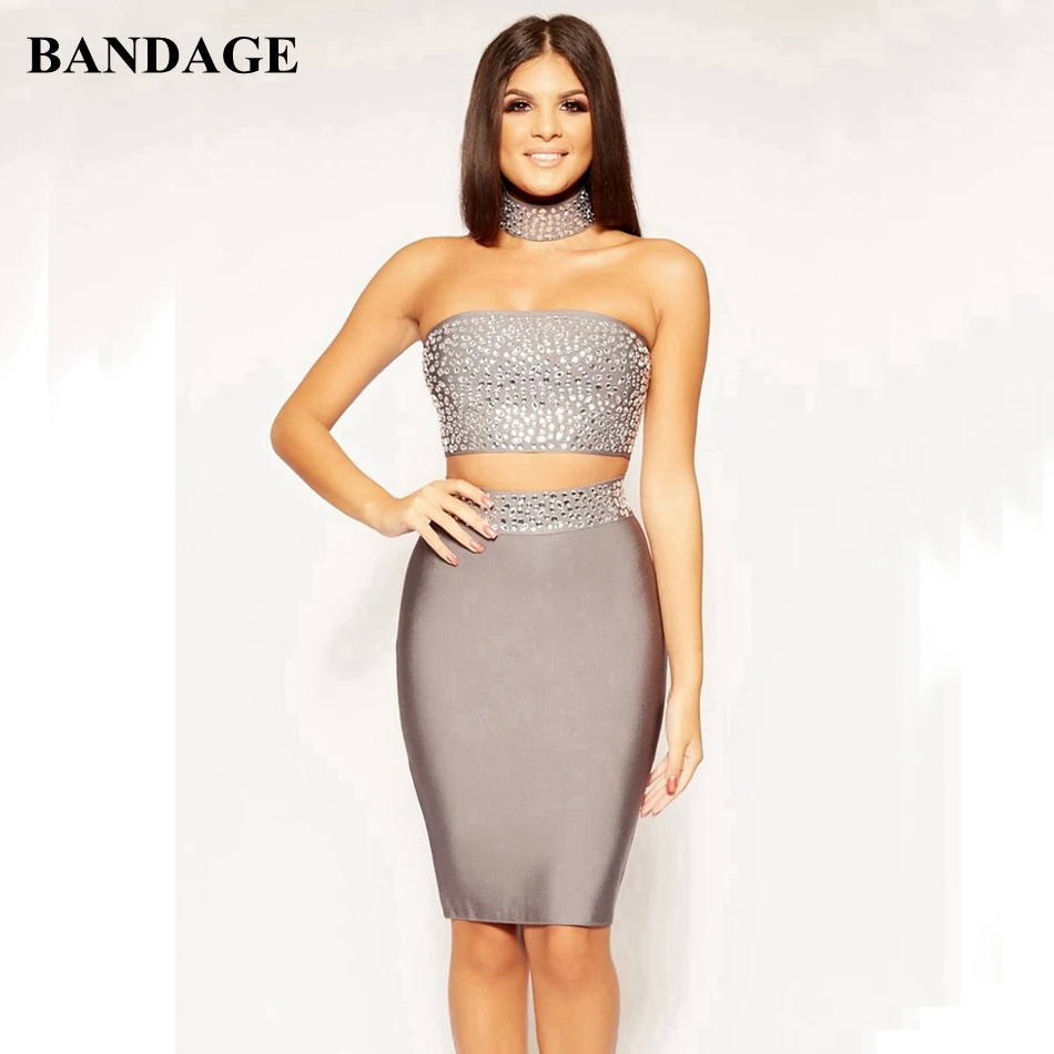 

BANDAGE Luxury Diamond Women Bandage Outfit Gray 2 Pieces Set Pencil Skirt Choker Neck Crop Top Sleeveless Summer Two Pieces Set