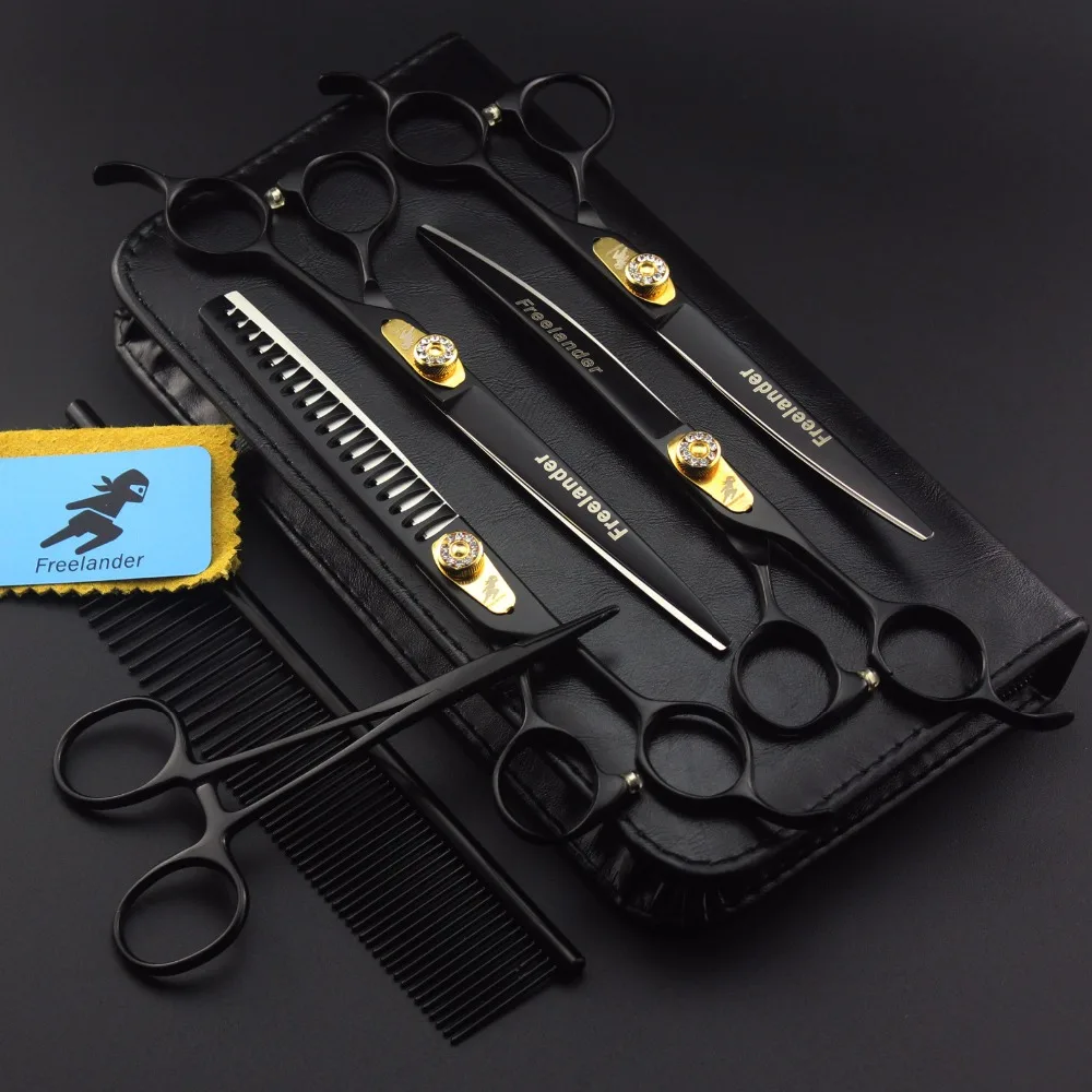 Juego de 7 Tijeras de Peluquer/ía para Mascotas Profesionales 4 Piezas de Tijeras de Corte con Mango Dorado Kit de Recortador de Peluquer/ía de Acero Inoxidable Curvado Superior E