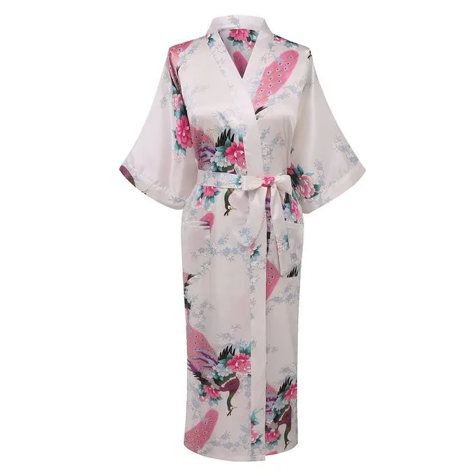 White Summer Women's Kimono Robe Bathrobe Sleepwear Rayon Bath Gown Nightgown Pyjamas Mujer Pijama Size S M L XL XXL XXXL 029 - Цвет: Белый