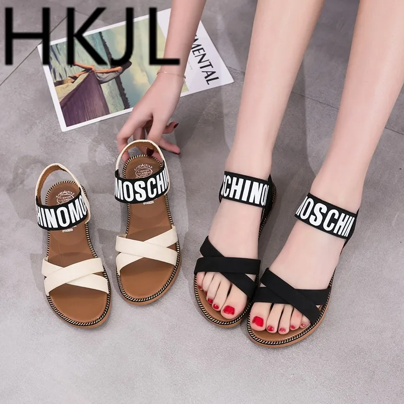 

HKJL 2019 summer female casual sandals with soft bottom slip comfortable flat with student sandals letters spell color tide A338