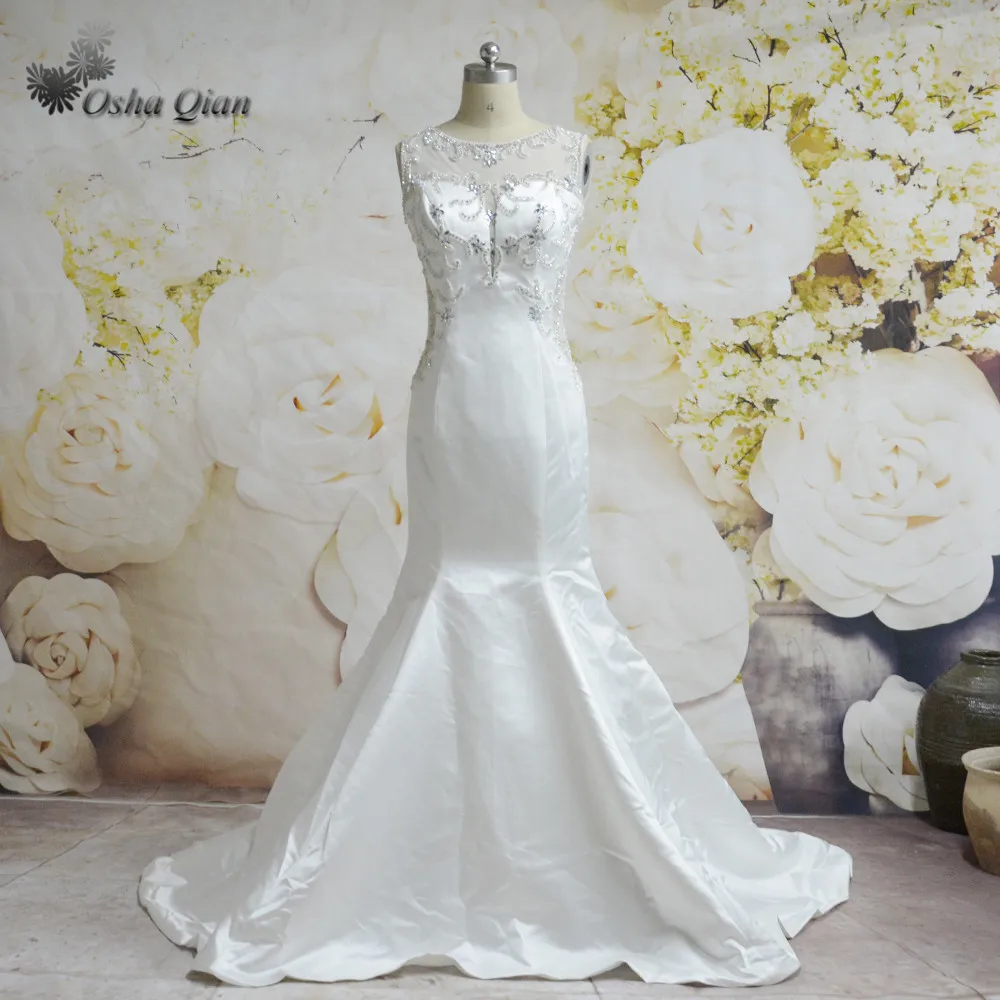 Ivory Custom Made Mermaid Crystal Wedding Dress Satin Illusion Back Zipper Scoop Tank Bridal Gown Vestidos de novia Women | Свадьбы и