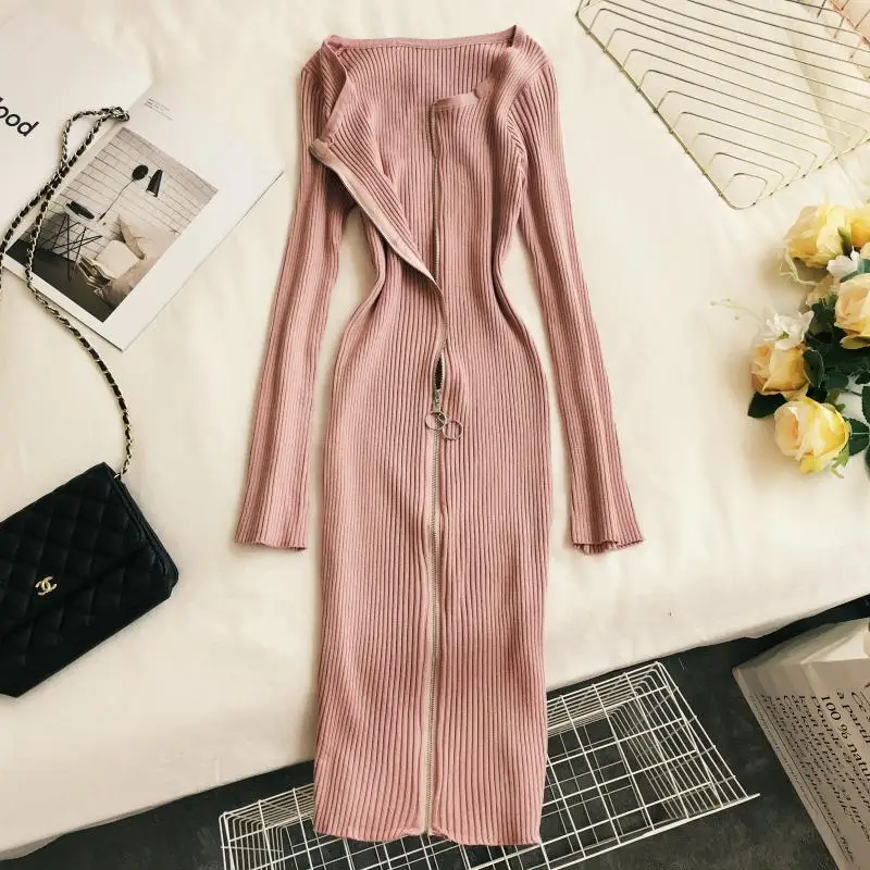 

2019 new fashion women's knit dresses autumn and winter long sleeve elastic zipper knit basic dress