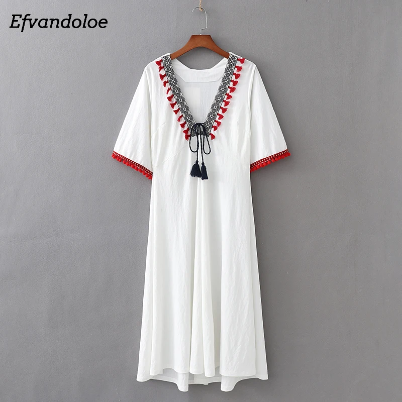 

Efvandoloe Summer Boho Dress White Bohemian 2019 Embroidery Short Sleeve Casual Loose Women'S Dress Tassel