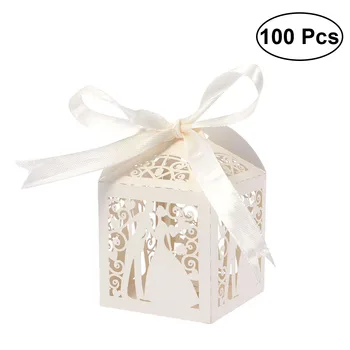 

100pcs Wedding favor boxes Couple Design Luxury Lase Cut Wedding Sweets Candy Gift Favour Boxes with Ribbon Table Decorations