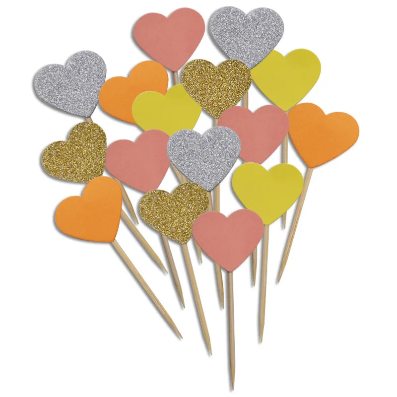 40pcs/lot Handmade Lovely Glitter Gold Heart Cupcake Cake Topper DIY Birthday Wedding Party Dessert Table Decoration Cake Pick 8