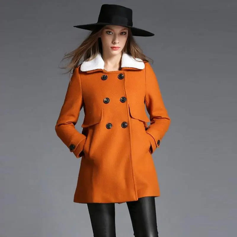 Lamb Wool Coat Luxury Orange Wool Fabric Turn down Collar Double