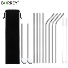 BORREY 13 шт. многоразовые соломинки из нержавеющей стали для питья металлическая соломинка для коктейля ложка для льда с щеткой для чистки сумки вечерние барные наборы