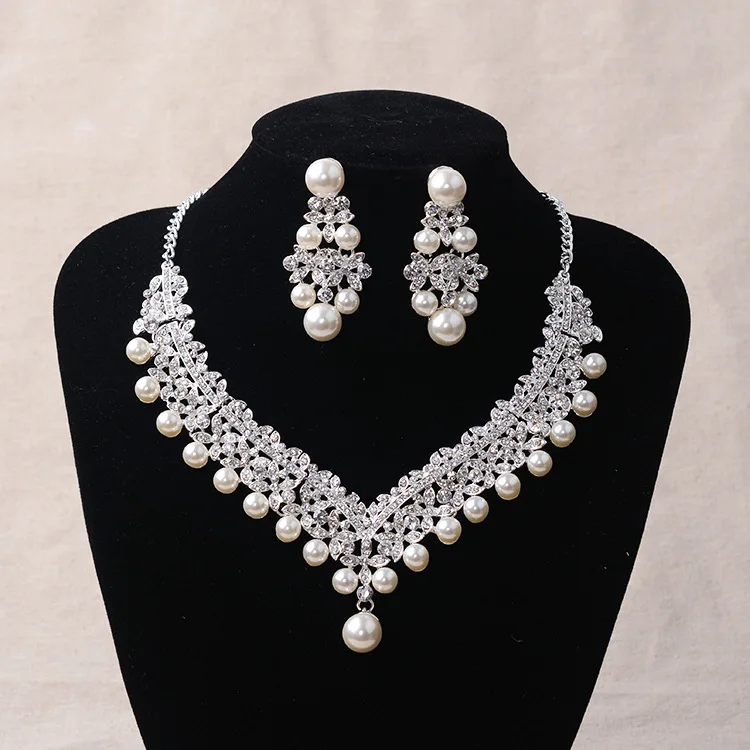 Jewelry Sets Bride Crystal Pearl Costume Jewelry Sets Necklace Earrings Tiara