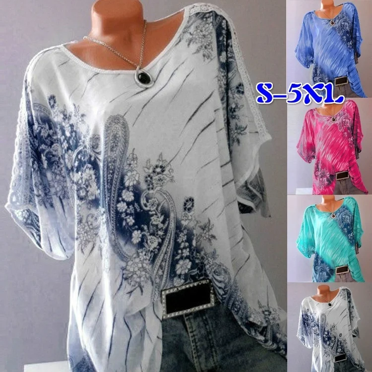 

Plus Size Summer Women Round Neck Short Sleeve Print Casual T-Shirt