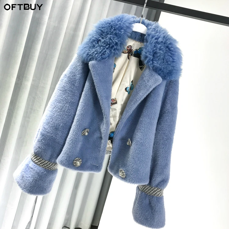 OFTBUY 2018 натуральный мех пальто зимняя куртка женская парка синее шерстяное из
