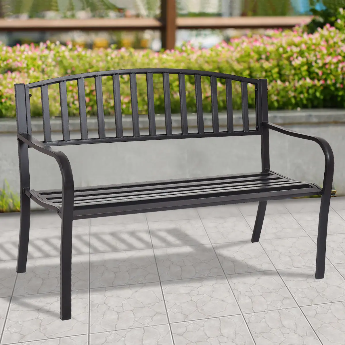 50 Inch Patio Black Decent Garden Bench Steel Frame Park Courtyard