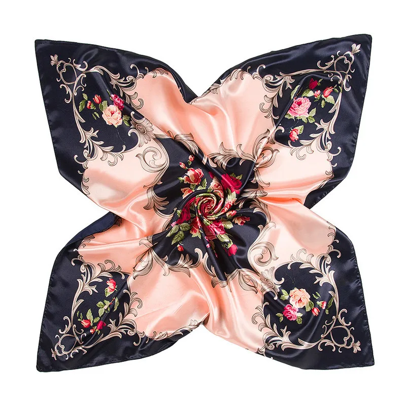 

2018 Spring Women Scarves Silk Feeling Polyester Smooth Neckerchief Floral Large Size Ladys Shawls and Wraps Black Kerchief 90cm