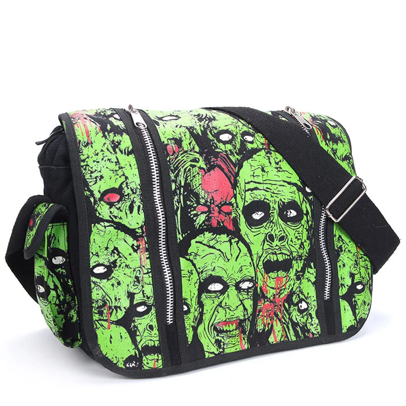 cheap Men Women Unisex Zombie Attack Green Monster Gothic Waterproof Shoulder Cross Messenger School Work Bag