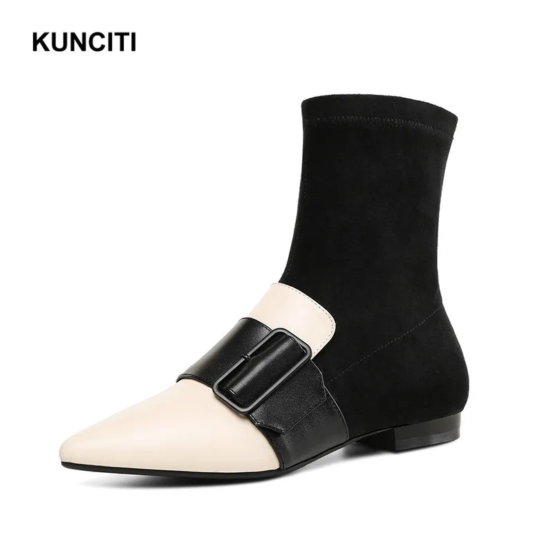 

2019 KUNCITI Pointed Toe Women Short Boots New Designer Patchwork Street Shoes Spring Autumn Gladiator Buckled Booties D138