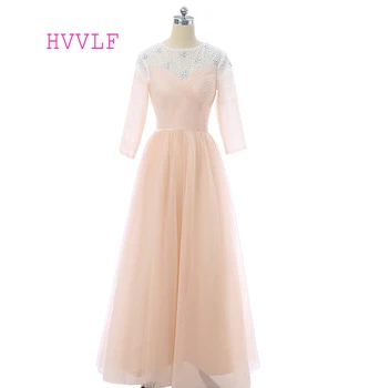 

Champagne Evening Dresses A-line 3/4 Sleeves Floor Length Tulle Beaded Women Long Evening Gown Prom Dresses Robe De Soiree