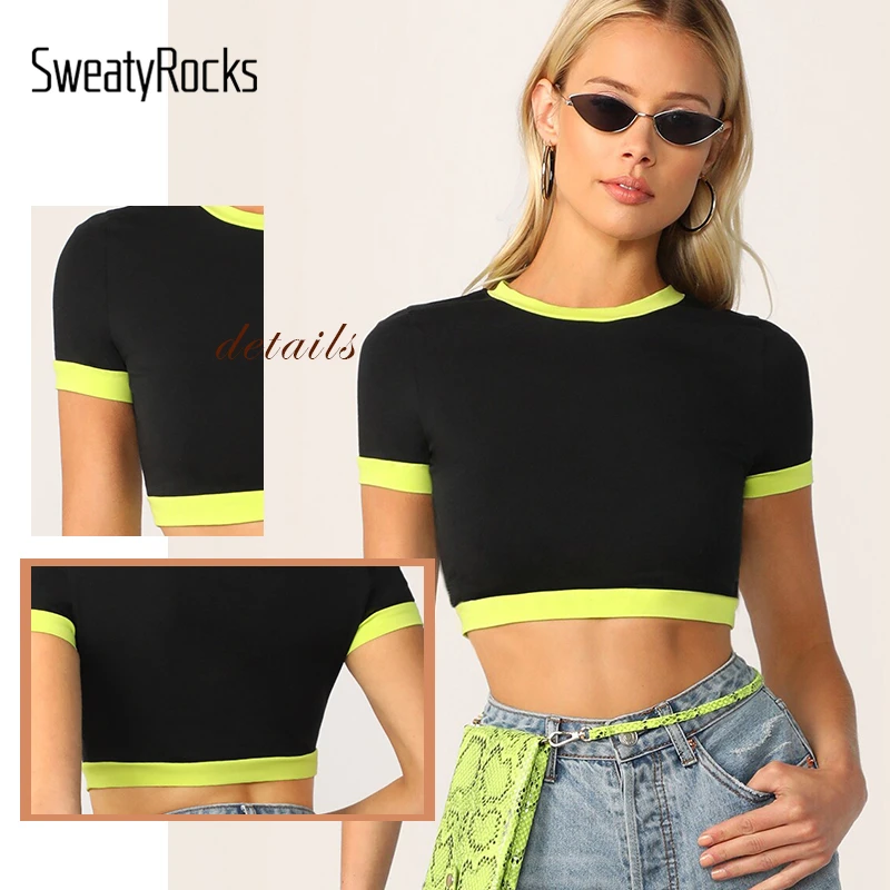 SweatyRocks Neon Ringer, цветной укороченный топ, женские сексуальные черные футболки с коротким рукавом, летняя уличная одежда, топ, женские футболки