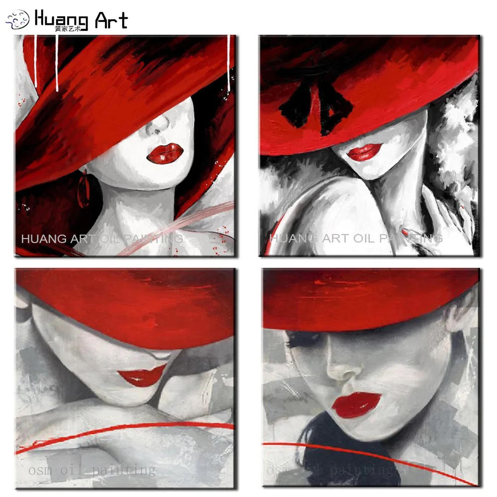 

High Pure Handmade Sexy Hot Vermilion Border Woman Portrait Face with Red Hat Acrylic Hand Paint Abstract Oil Painting on Canvas