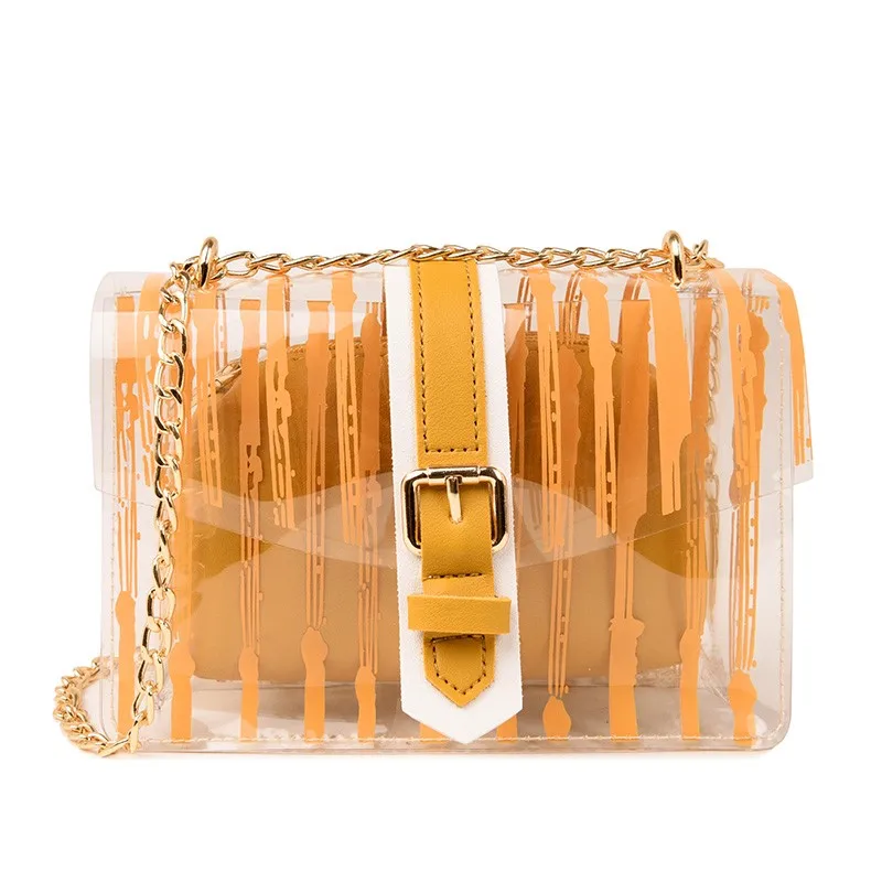 2019 Striped Clear Transparent PVC Women Messenger Crossbody Bag Chains Candy Color Jelly Summer Beach Bag