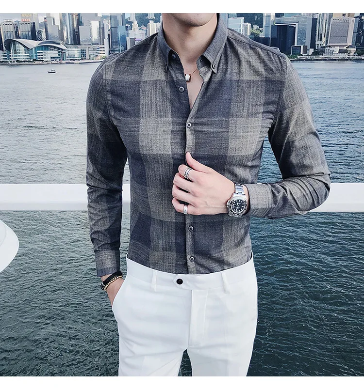 Фирменная Новинка Camisa Masculina модные осень-зима рубашка Для мужчин Slim Fit с длинными рукавами и широкое платье в клетку рубашки Для мужчин блузка Homme