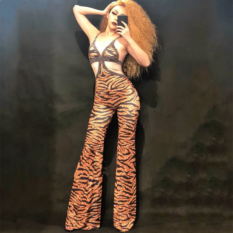 

Tiger Stripe Rhinestones Jumpsuit Women Stretch Sexy Bodysuit Female Stage Costume One-piece Printed Skinny Crystal Rompers