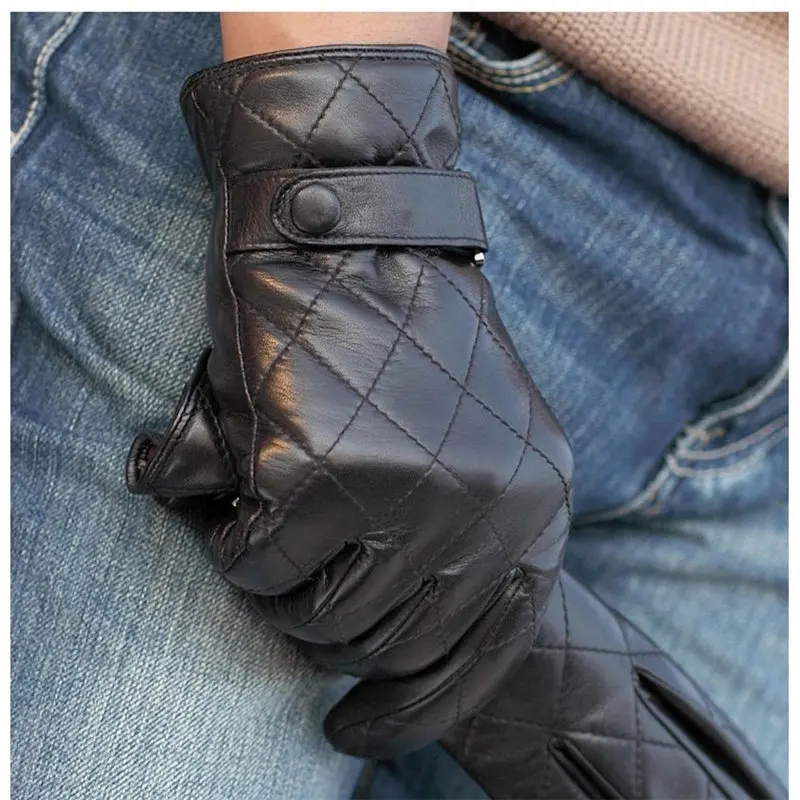 Черные мужские кожаные перчатки с сенсорным экраном, ромбовидная решетка, зимние теплые перчатки из овчины для вождения, высокое качество, пять пальцев, M020NC2 - Цвет: Черный