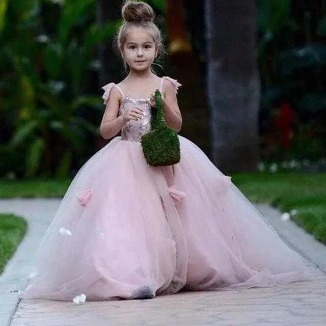 Best price at $107 Cheap 2017 Pink Tulle Flower Girl Dress Ruffles Court Train Kids Wedding Party Gowns Robe De Soiree Lovey Elegant Princess Dress 0-12Y