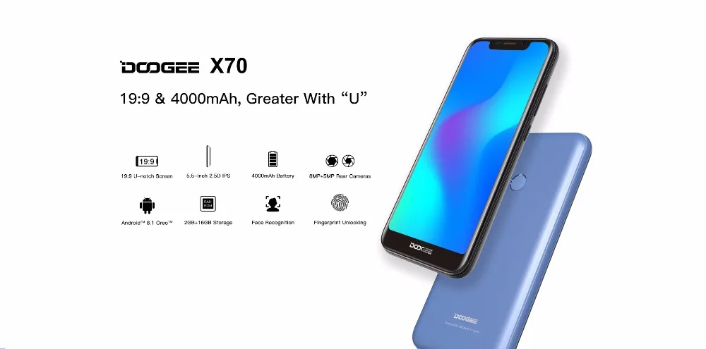 DOOGEE X70 смартфон 5,5 ''u-образная 19:9 MTK6580 четырехъядерный 2 Гб ОЗУ 16 Гб ПЗУ Двойная камера 8,0 МП Android 8,1 4000 мАч телефон