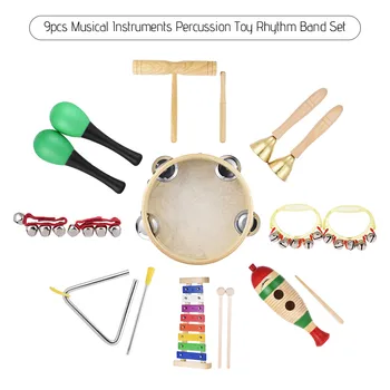 

9pcs Musical Instruments Percussion Toy Rhythm Band Set Glockenspiel drum Maracas Double-barrelled Cylinder toys for Kids