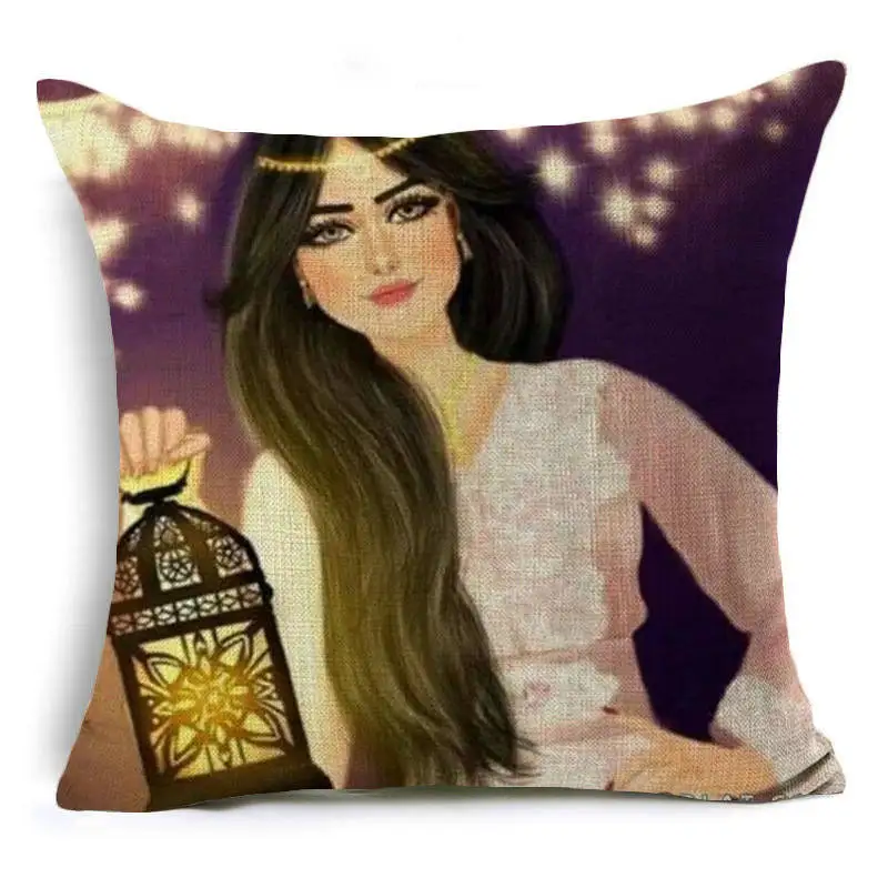 Hot Zara*Women Printed Beauty Girls Cushion Cover 45x45cm Linen Ramadan Lantern Throw Pillow Covers Cushions Home Decor Kussens