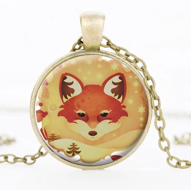 Family Decor Fox Animal Pendant Necklace Cabochon Glass Vintage Bronze Chain Necklace Jewelry Handmade