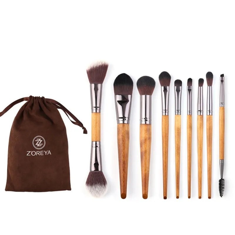 01 9 Pcs Imitation Walnut Brushes Set Foundation Powder Blush Concealer Eyebrow Portable Brush Cosmetics Tools - Handle Color: 01