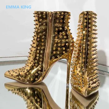 

Women Golden Leather Ankle Boots Pointed Toe Sexy High Heels Boots Designer Rivets Studded Ladies Shoes Winter Martin Boot Mujer