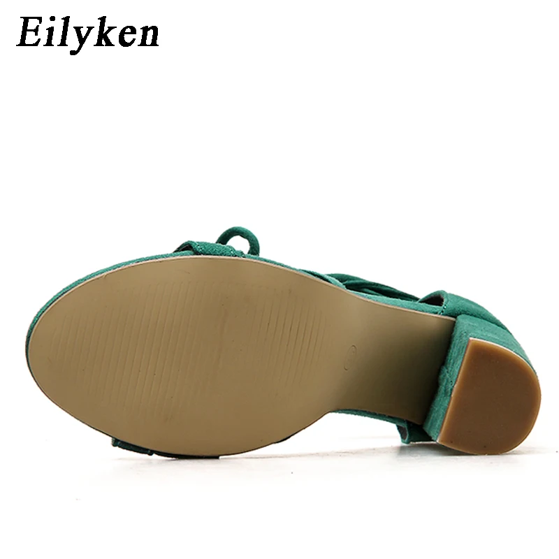 Eilyken Летние женские босоножки со шнуровкой Модная обувь на высоком каблуке открытый носок; женская обувь на квадратном каблуке женские сандалии на каблуках, зеленый, цвет черный; размеры 35–40
