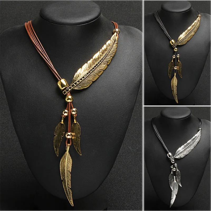 

New Bohemian Style Rope Chain Leaf Feather Pattern Pendant For Women Fine Jewelry Collares Statement Necklace M8694