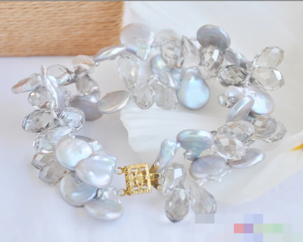 

FREE SHIPPING>>>@@ > 01358 2row 8" gray coin freshwater pearl faceted teardrop crystal bracelet