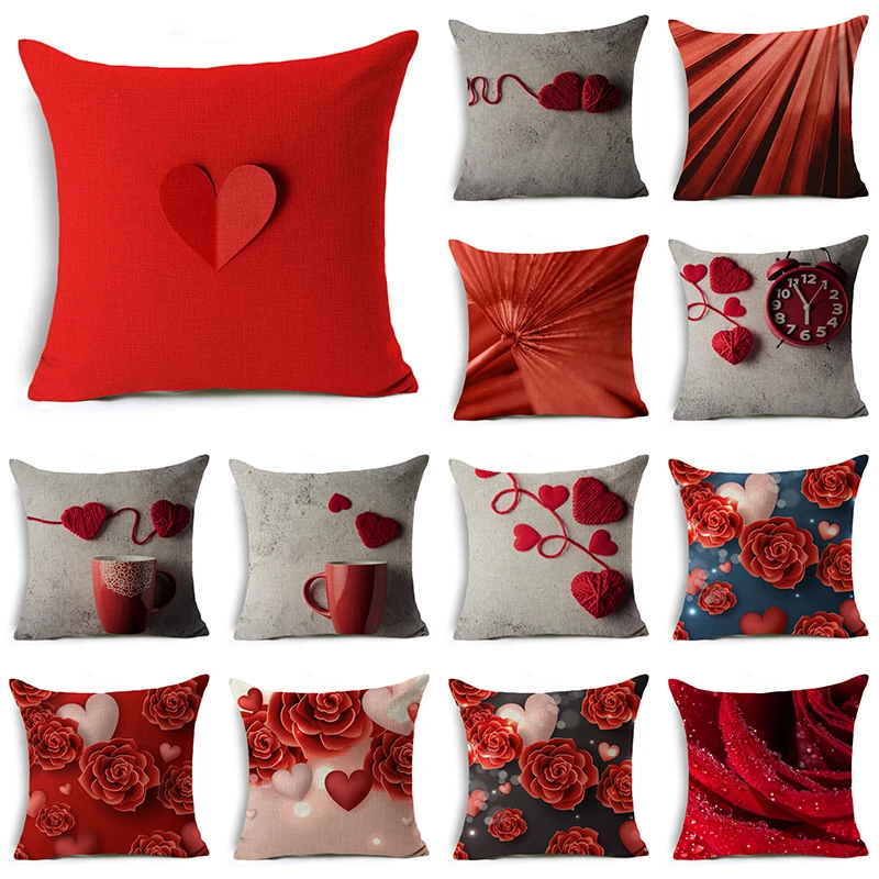 

WZH Red Heart & Flowers Cushion Cover 45x45cm Linen Decorative Pillow Cover Sofa Bed Pillow Case