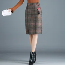 Весенняя шерстяная юбка-карандаш, Корейская Тонкая Клетчатая Теплая юбка миди-юбка с высокой талией размера плюс XXXXL серая Женская офисная юбка