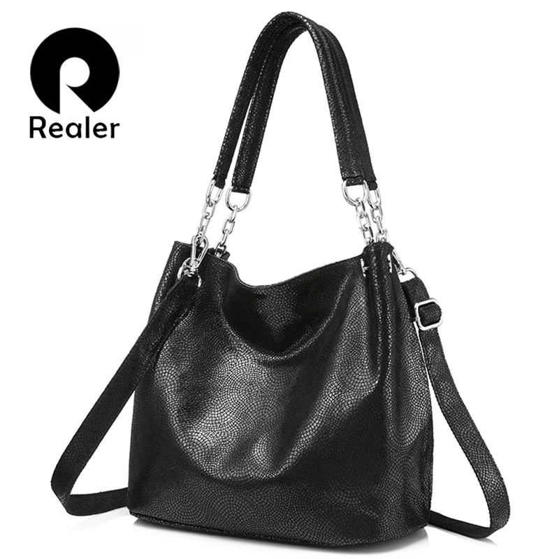 REALER genuine leather handbags female large messenger bag women shoulder bags fashion ladies top handle bags