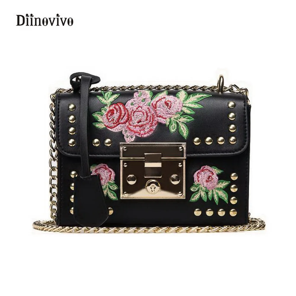 

DIINOVIVO Embroidery Bags Rock Designer Female Flower Youth Leather Handbags Simple Brand Rivet Women Messenger Bags WHDV0291