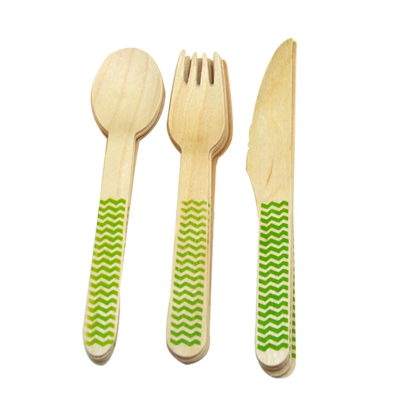 18 шт.(6 комплектов) одноразовая посуда наборы ножи+ ложки+ вилки столовые приборы для торжеств натуральное дерево дешевая посуда - Цвет: Зеленый
